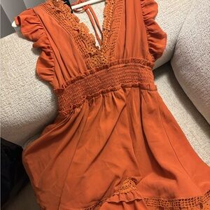 Terracotta Ruffled Dress with Lace Details